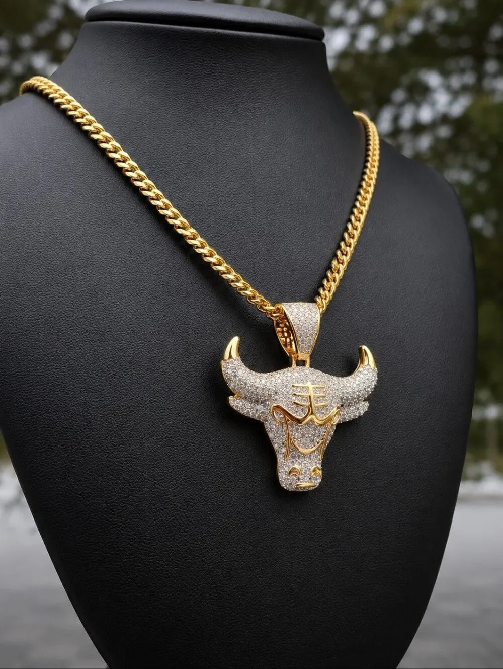 14k GP Simulated Diamond Bull Necklace